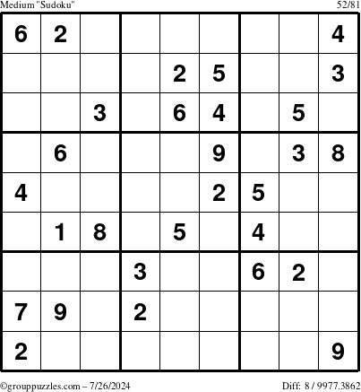 The grouppuzzles.com Medium Sudoku puzzle for Friday July 26, 2024