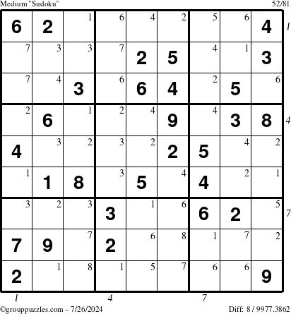 The grouppuzzles.com Medium Sudoku puzzle for Friday July 26, 2024, suitable for printing, with all 8 steps marked