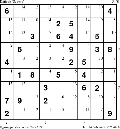 The grouppuzzles.com Difficult Sudoku puzzle for Friday July 26, 2024 with all 14 steps marked