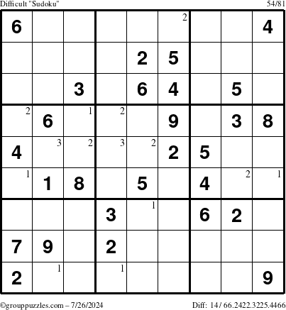 The grouppuzzles.com Difficult Sudoku puzzle for Friday July 26, 2024 with the first 3 steps marked