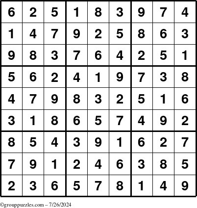 The grouppuzzles.com Answer grid for the Sudoku puzzle for Friday July 26, 2024