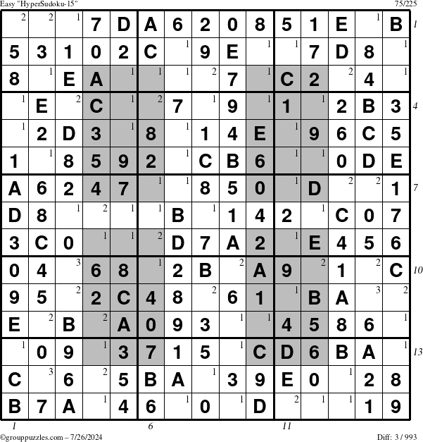 The grouppuzzles.com Easy HyperSudoku-15 puzzle for Friday July 26, 2024 with all 3 steps marked