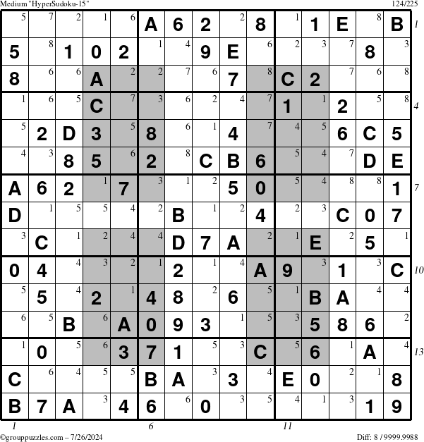 The grouppuzzles.com Medium HyperSudoku-15 puzzle for Friday July 26, 2024, suitable for printing, with all 8 steps marked