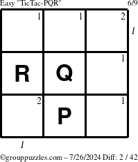 The grouppuzzles.com Easy TicTac-PQR puzzle for Friday July 26, 2024, suitable for printing, with all 2 steps marked