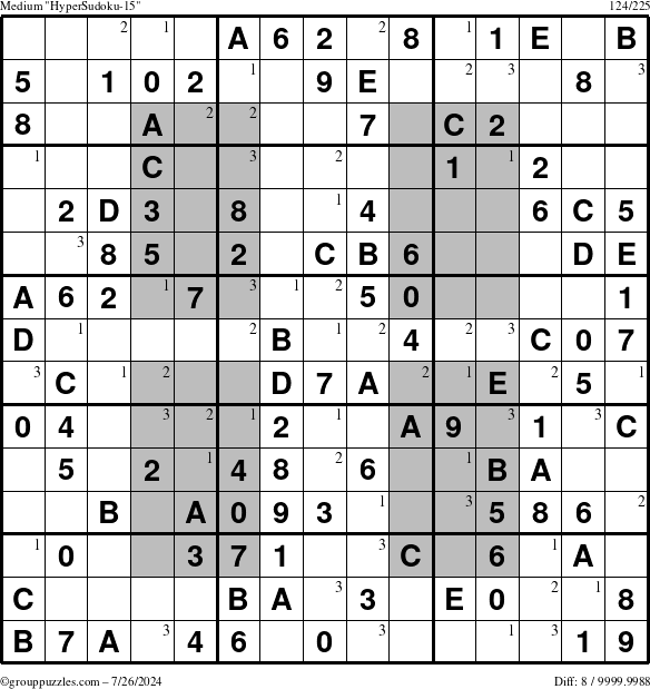 The grouppuzzles.com Medium HyperSudoku-15 puzzle for Friday July 26, 2024 with the first 3 steps marked