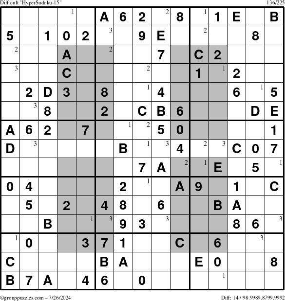 The grouppuzzles.com Difficult HyperSudoku-15 puzzle for Friday July 26, 2024 with the first 3 steps marked