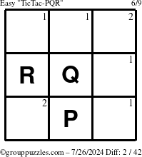 The grouppuzzles.com Easy TicTac-PQR puzzle for Friday July 26, 2024 with the first 2 steps marked