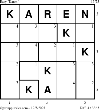 The grouppuzzles.com Easy Karen puzzle for Friday December 5, 2025, suitable for printing, with all 4 steps marked