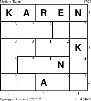 The grouppuzzles.com Medium Karen puzzle for Friday December 5, 2025 with all 4 steps marked
