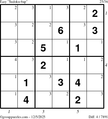 The grouppuzzles.com Easy Sudoku-6up puzzle for Friday December 5, 2025, suitable for printing, with all 4 steps marked