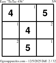 The grouppuzzles.com Easy TicTac-456 puzzle for Friday December 5, 2025 with the first 2 steps marked