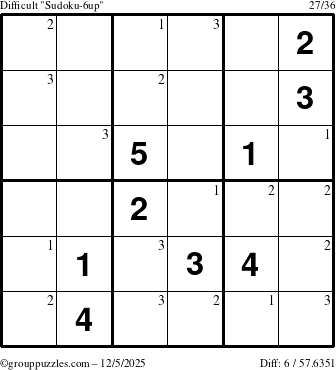 The grouppuzzles.com Difficult Sudoku-6up puzzle for Friday December 5, 2025 with the first 3 steps marked