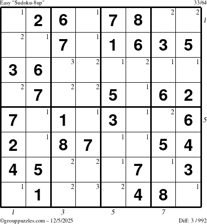The grouppuzzles.com Easy Sudoku-8up puzzle for Friday December 5, 2025 with all 3 steps marked