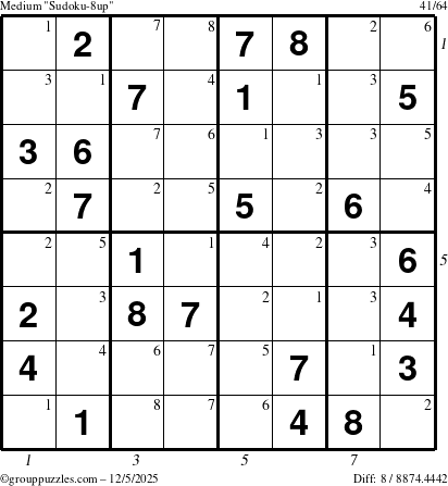 The grouppuzzles.com Medium Sudoku-8up puzzle for Friday December 5, 2025 with all 8 steps marked