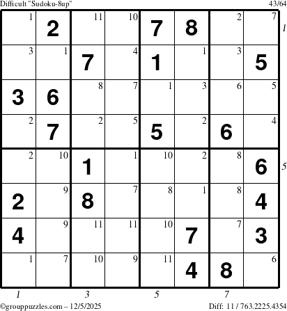 The grouppuzzles.com Difficult Sudoku-8up puzzle for Friday December 5, 2025 with all 11 steps marked