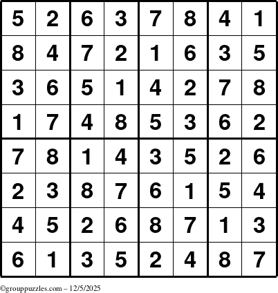 The grouppuzzles.com Answer grid for the Sudoku-8up puzzle for Friday December 5, 2025