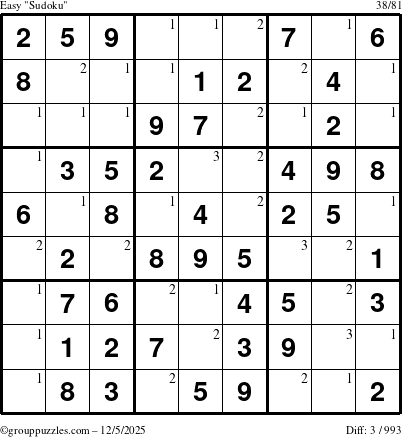 The grouppuzzles.com Easy Sudoku puzzle for Friday December 5, 2025 with the first 3 steps marked