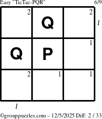 The grouppuzzles.com Easy TicTac-PQR puzzle for Friday December 5, 2025 with all 2 steps marked