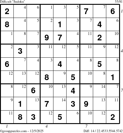 The grouppuzzles.com Difficult Sudoku puzzle for Friday December 5, 2025, suitable for printing, with all 14 steps marked