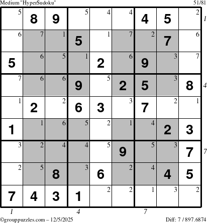 The grouppuzzles.com Medium HyperSudoku puzzle for Friday December 5, 2025, suitable for printing, with all 7 steps marked