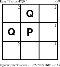 The grouppuzzles.com Easy TicTac-PQR puzzle for Friday December 5, 2025 with the first 2 steps marked