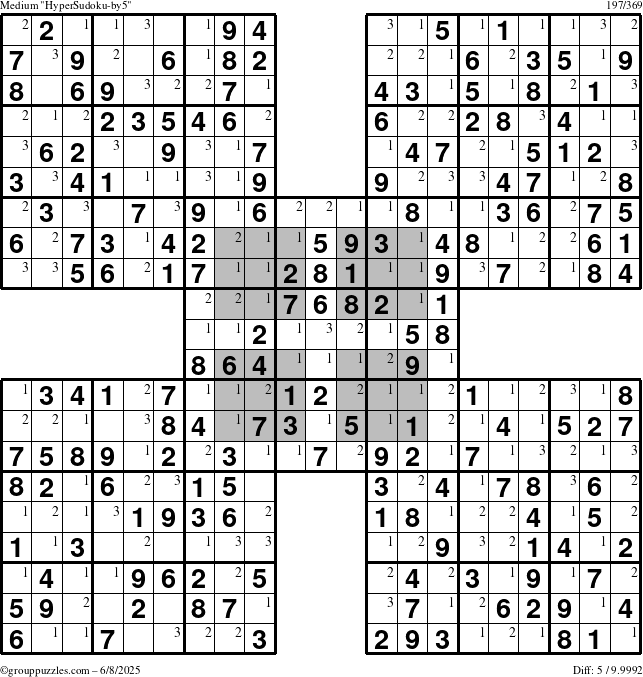 The grouppuzzles.com Medium HyperSudoku-by5 puzzle for Sunday June 8, 2025 with the first 3 steps marked