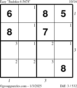 The grouppuzzles.com Easy Sudoku-4-5678 puzzle for Friday January 3, 2025, suitable for printing, with all 3 steps marked