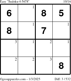 The grouppuzzles.com Easy Sudoku-4-5678 puzzle for Friday January 3, 2025 with the first 3 steps marked