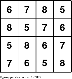 The grouppuzzles.com Answer grid for the Sudoku-4-5678 puzzle for Friday January 3, 2025