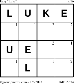 The grouppuzzles.com Easy Luke puzzle for Friday January 3, 2025 with the first 2 steps marked