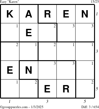 The grouppuzzles.com Easy Karen puzzle for Friday January 3, 2025 with all 3 steps marked