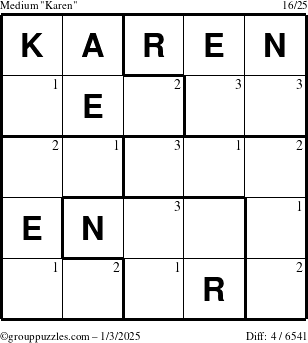 The grouppuzzles.com Medium Karen puzzle for Friday January 3, 2025 with the first 3 steps marked