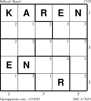 The grouppuzzles.com Difficult Karen puzzle for Friday January 3, 2025 with all 4 steps marked