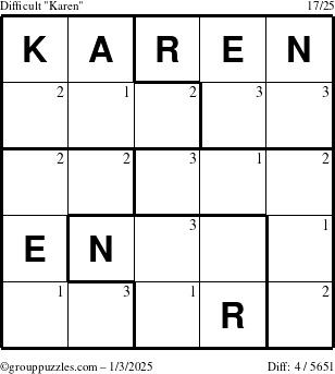 The grouppuzzles.com Difficult Karen puzzle for Friday January 3, 2025 with the first 3 steps marked