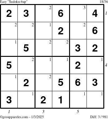 The grouppuzzles.com Easy Sudoku-6up puzzle for Friday January 3, 2025 with all 3 steps marked