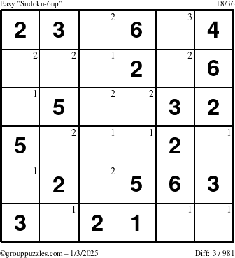 The grouppuzzles.com Easy Sudoku-6up puzzle for Friday January 3, 2025 with the first 3 steps marked