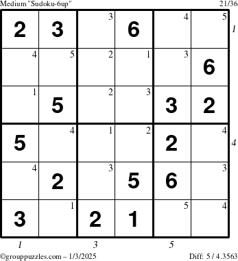 The grouppuzzles.com Medium Sudoku-6up puzzle for Friday January 3, 2025 with all 5 steps marked