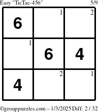 The grouppuzzles.com Easy TicTac-456 puzzle for Friday January 3, 2025 with the first 2 steps marked