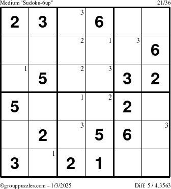 The grouppuzzles.com Medium Sudoku-6up puzzle for Friday January 3, 2025 with the first 3 steps marked