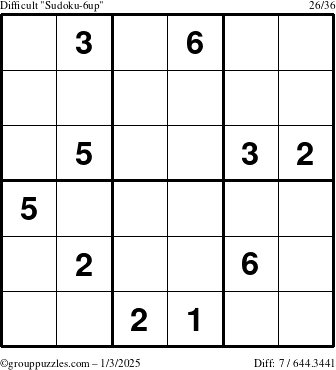 The grouppuzzles.com Difficult Sudoku-6up puzzle for Friday January 3, 2025