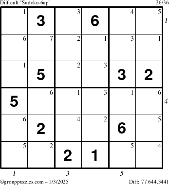 The grouppuzzles.com Difficult Sudoku-6up puzzle for Friday January 3, 2025 with all 7 steps marked