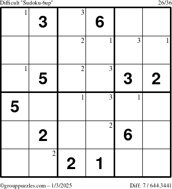 The grouppuzzles.com Difficult Sudoku-6up puzzle for Friday January 3, 2025 with the first 3 steps marked