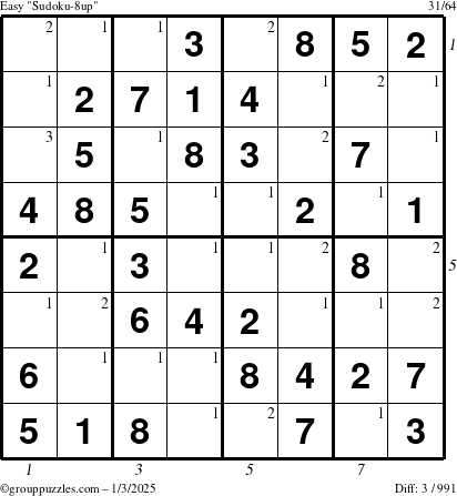 The grouppuzzles.com Easy Sudoku-8up puzzle for Friday January 3, 2025 with all 3 steps marked