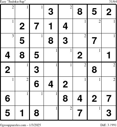 The grouppuzzles.com Easy Sudoku-8up puzzle for Friday January 3, 2025 with the first 3 steps marked