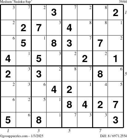 The grouppuzzles.com Medium Sudoku-8up puzzle for Friday January 3, 2025 with all 8 steps marked