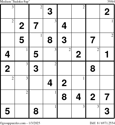 The grouppuzzles.com Medium Sudoku-8up puzzle for Friday January 3, 2025 with the first 3 steps marked