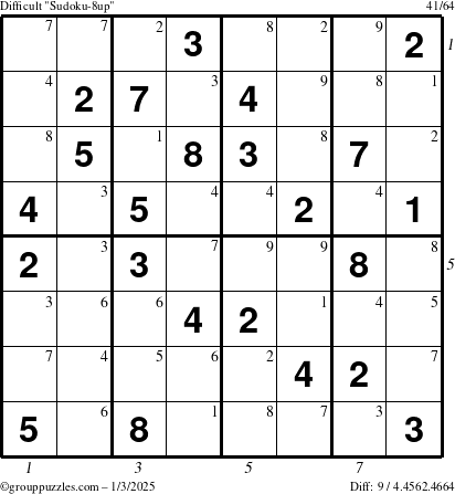 The grouppuzzles.com Difficult Sudoku-8up puzzle for Friday January 3, 2025 with all 9 steps marked