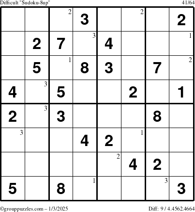 The grouppuzzles.com Difficult Sudoku-8up puzzle for Friday January 3, 2025 with the first 3 steps marked