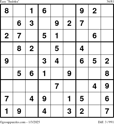 The grouppuzzles.com Easy Sudoku puzzle for Friday January 3, 2025