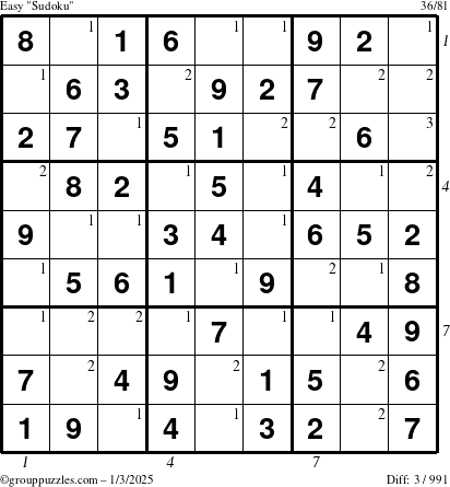 The grouppuzzles.com Easy Sudoku puzzle for Friday January 3, 2025 with all 3 steps marked